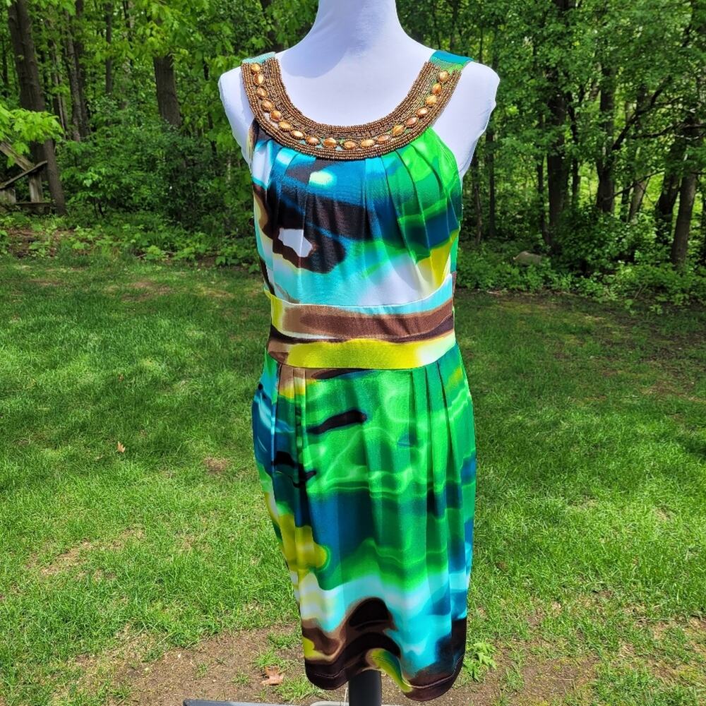 Bisou Bisou Blue & Green Watercolor Dress w/ Copper Embellished Neckline size 14